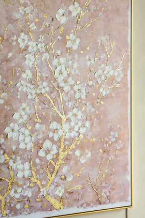 59.1x47.2 Hand-Painted Cherry Blossom Canvas Art with Blush Pink and White Finish