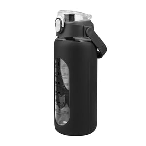 34Oz Glass Water Bottle Sports Water Bottle Motivational Water Bottle Water Intake Tracker Bottle with Straw Time Marker Silicone Sleeve Handle for Gy