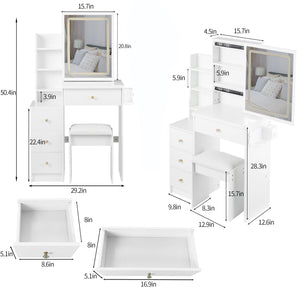Cabinet Vanity Table & Cushioned Stool, USB Power Station, Hair Dryer Bracket - White