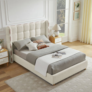 Queen Size Removable Chenille Wingback Upholstered Waffle Bed