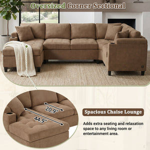 U Shaped Sectional Sofa, Corner Living Room Couch With Built In Cup Holders, Storage, USB Ports