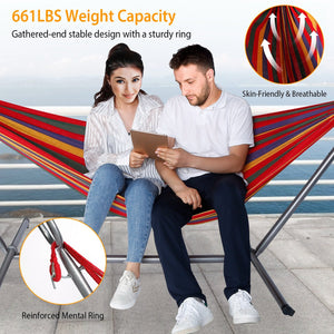 Brazilian Double Hammock 2-Person Steel Canvas Stand Hammock Bed w/ Portable Carrying Case For Patio Beach Yard 661 LBS Max Load
