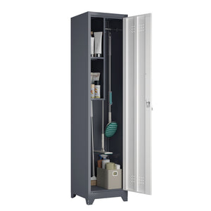 Broom Storage Cabinet Narrow Slim With Hooks And Shelves, Heavy-Duty