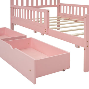 Platform Bed With Guardrails On Both Sides And 2 Storage Drawers