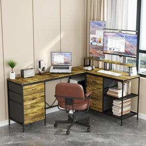 Industrial L Shaped Desk With Power Hub With 6 Drawers And Adjustable Monitor Stands - Brown