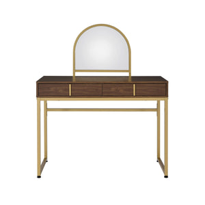 Coleen Walnut & Gold Finish Vanity Desk with Mirror & Jewelry Tray