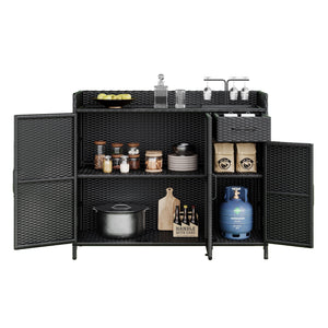 K&K 47.5"W Wicker Outdoor Storage Cabinet with Tempered Glass Top