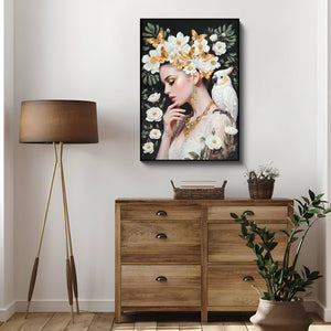 Beauty Lady Wall Art Gold and White Floral Canvas 24x36 Inch