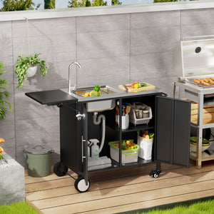 Outdoor Grill Table With Sink, Worktable Kitchen Cabinet Island With Wheels & Foldable Top - Black