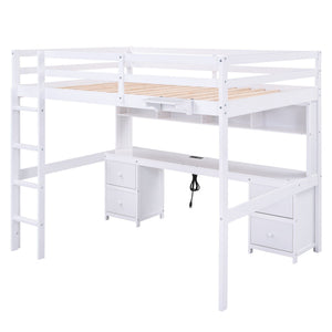 Loft Bed With Desk, Cabinets, Drawers, Charging Station And Bedside Tray