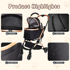 Pet Stroller for Dogs and Cats, 2-in-1 Detachable Foldable Design
