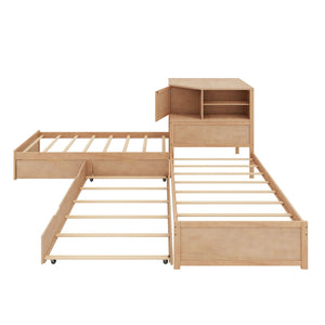 L-Shaped Bed Frame With Trundle, Built In Desk & LED Lighting
