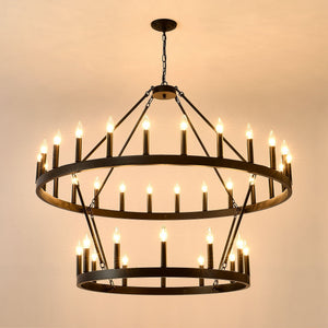 2 Tiers Wagon Wheel Chandelier Wooden Farmhouse 36 Light (24 / 12) Or (12 / 24) Metal Chandeliers 2 Story Light Fixtures Industrial For High Ceiling Living Dining Room Foyer, Adjustable Height - Black