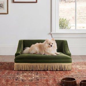 Duchess 33' Medium Princess Pet Bed Sofa with Fringe Skirt, Olive Green Velvet