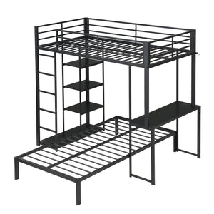 Metal Loft Bed Frame with LED Light Strip, Side Storage Shelves & Built-in Desk