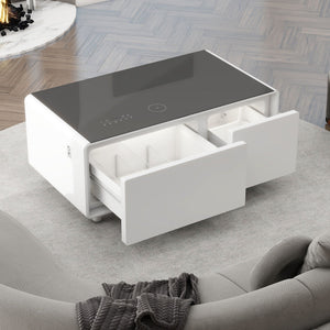 Modern Smart Coffee Table With Built-In Fridge - tooth Speaker, Wireless Charging, Touch Control Panel, USB Interface, Outlet Protection, Atmosphere Light