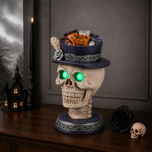 Skull Candle Holder with Glowing Eyes - Resin Gothic Halloween Decor