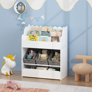 Bookshelf With Storage Bins And Drawer, Multi Functional Book Organizer For Toddlers - White