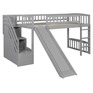 Loft Stairway Bed With 2 Drawers, Convertible Ladder And Slide