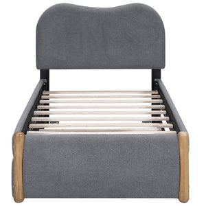 Upholstered Platform Bed With Wood Supporting Feet And Trundle