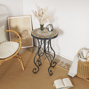 Round Ceramic Outdoor Side Table, Colorful + Black