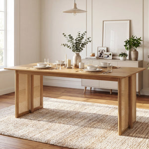 Natural Rubber Wood Dining Table with Rattan Accents