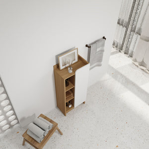 Freestanding Bathroom Side Cabinet, Narrow Storage Cabinet With Single Door & 3 Tier Open Shelves - Black / Light Oak / White