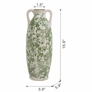 5.9x5.9x15.6' White Ceramic Flower Vase with Green Floral Pattern and Small Handles