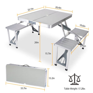 Folding Picnic Table w/ 4 Seats Umbrella Hole 33.7x26.4in Portable Aluminum Table Total 859LBS Weight Capacity for Camping Barbeque Outdoor