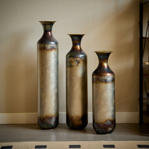 Modern Droplet Shaped Floor Vase Set, Glazed Metal Decorative Vases 3 Piece Home Accent For Living Room - Gold / White