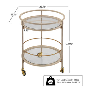 Round Bar Cart with Tempered Glass Shelves and Gold Accents