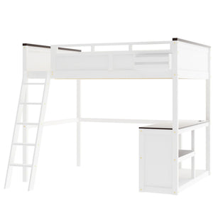 Queen Size Loft Bed With Desk, Open Shelf, Storage Box And USB Charging Station - White