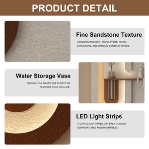 Adjustable LED Sandstone Wall Decor With Simulated Plants 3D Art Sculpture, Glass Vase & Rabbit Statue, Remote Control - Light Coffee