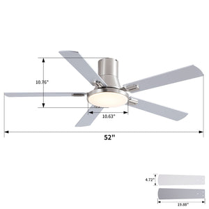 Flush Mount Ceiling Fans With LED Light And Remote Control, 5 Blades