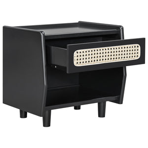 Black Nightstand with Rattan Detail