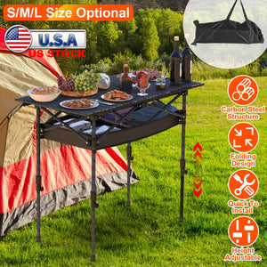 Portable Folding Camping Table With Adjustable Height Hanging Net Rustproof Carbon Steel Foldable Roll-Up Camping Table for Picnic Camping Hiking Beac