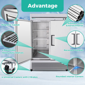54" Commercial Refrigerator 49 Cu.Ft Stainless Steel 2 Door Reach-In Fridge