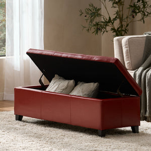 Upholstered PU Leather Storage Ottoman, Solid Wooden Legs