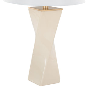 Curvo Square 27" Ceramic Table Lamp in Cream Ceramic, Gold Metal, and White Linen