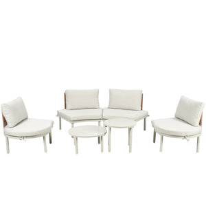 6 Piece Patio Set, Half Moon Outdoor Sectional Sofa With 2 High Low Coffee Tables, 4 Pillows & Cushions