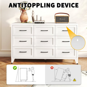 9 Drawer White Metal Dresser with Quiet-Glide Rails