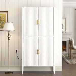 U_STYLE Modern Fluted Wine Cabinet with Glass Display & Stemware Rack