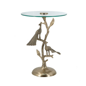 Gold Peacock Side Table with Round Glass Top