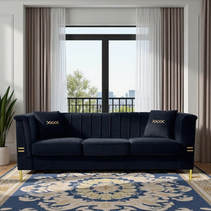 FX-P82-BK2 Modern Velvet 3-Seater Sofa with 2 Pillows
