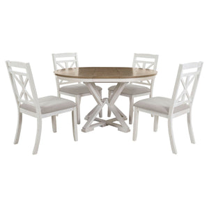 Dining Set With Extendable Round Table And 4 Upholstered Chairs