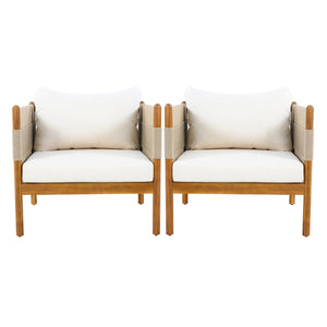 Outdoor Club Chairs (Set of 2) with Diamond-Pattern Beige Rope, Teak Finish