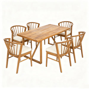 7 Pieces Acacia Wood Outdoor Dining Set with Cream Cushions