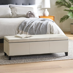 Upholstered PU Leather Storage Ottoman with Solid Wooden Legs
