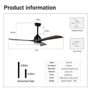 52" Solid Wood Blades Ceiling Fan with Lights Remote Control, Quiet DC Motor