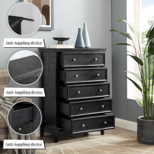 Modern 5-Drawer Black Dresser for Living Room Storage